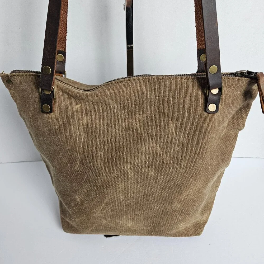 Canvas Shoulder Bag In Blue Waxed Canvas Farmers Market Tote Shoulder Bag - Picture 3 of 16
